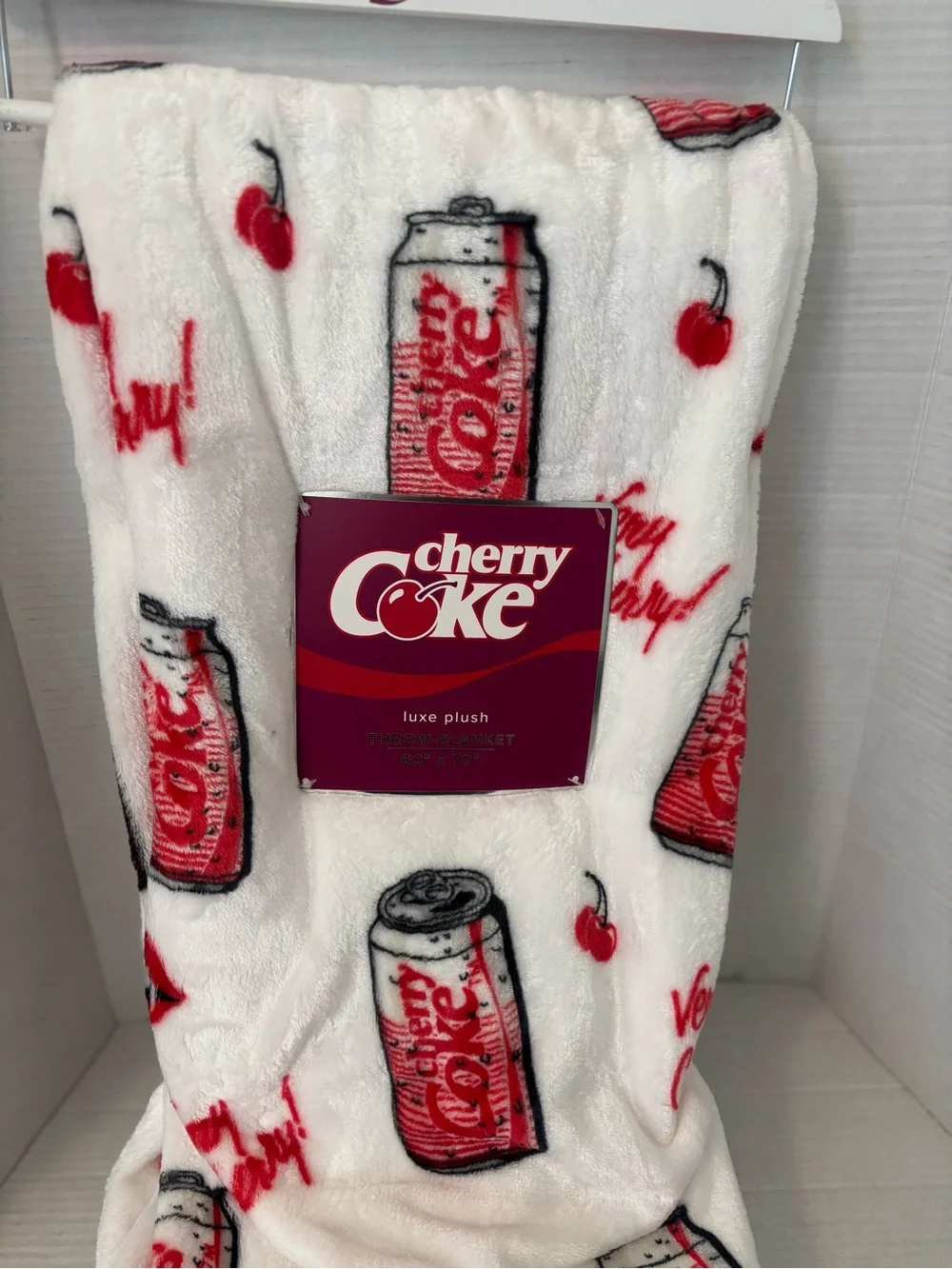 Plush Throw Blanket - White with Red Cherry & Can Print